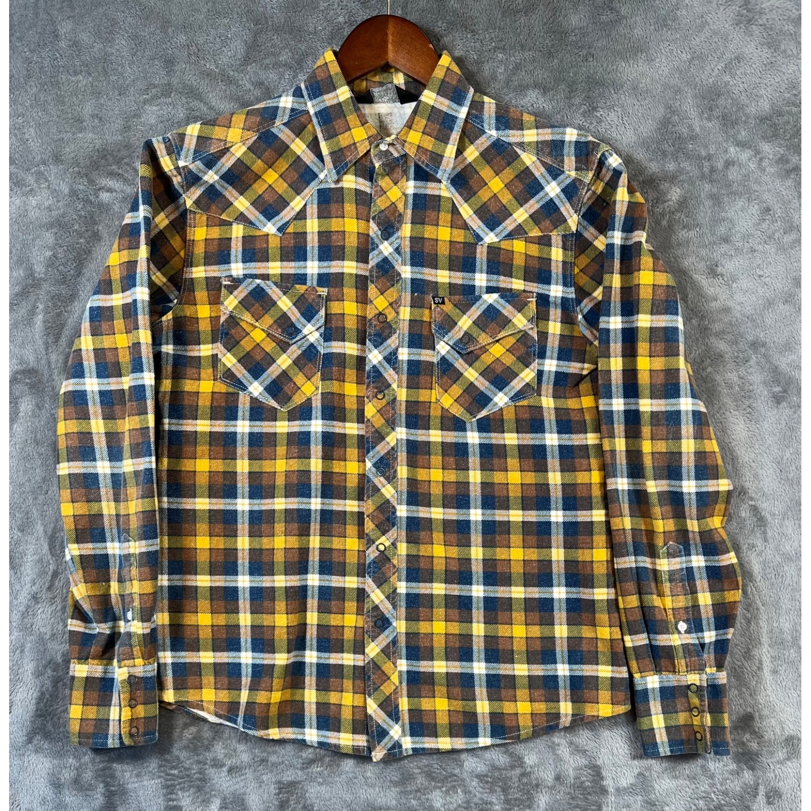 Salt Valley Western Shirt Mens Small Blue Yellow Plaid Flannel Pearl Snap Sv